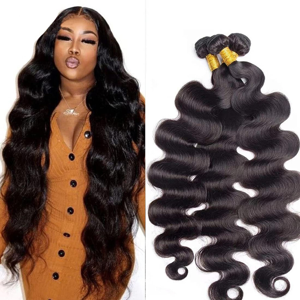 Unisex Black Brazilian Virgin Human Hair Bundles Natural Body Wave Wet And Wavy Weave 3Pcs 14 Inch Natural