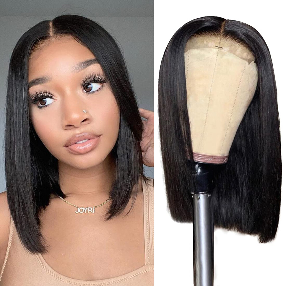 Unisex Human Hair Bob Wig 8 Inch Glueless 4X4 Lace Closure Brazilian Straight 150 Density Natural Hairline