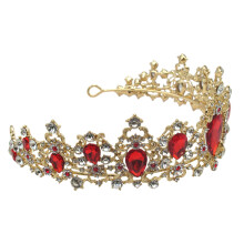 Princess Crown Gold Bridal Tiara with Red Crystal Rhinestones for Wedding and Stage