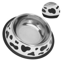 Small Dog/Cat Bowl Stainless Steel Cow Design 15cm Diameter with Rubber Ring