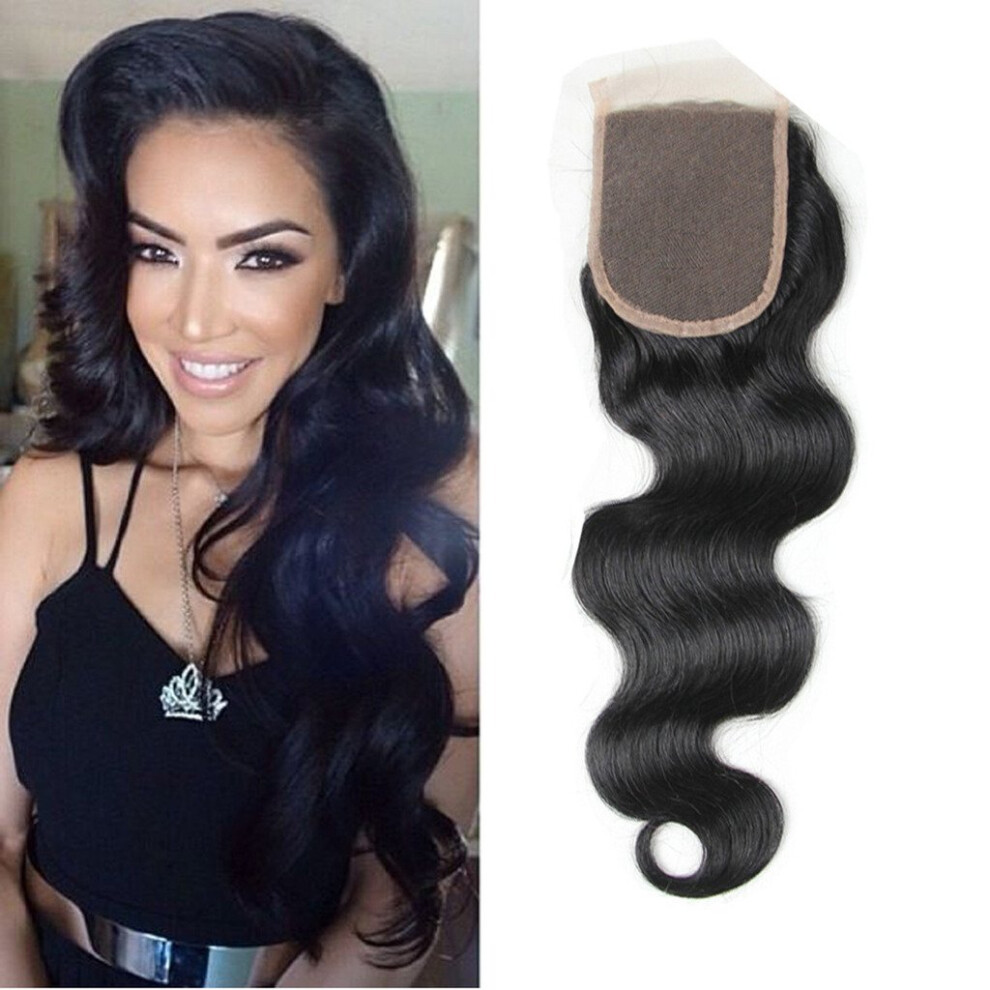 Unisex Black Body Wave 4X4 Brazilian Virgin Human Hair Lace Closure Natural Hairline 12Inch 1B