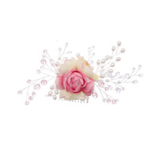 Bridal Hair Comb with Flowers and Pearls Wedding Hair Piece with Rhinestones for Brides Pink