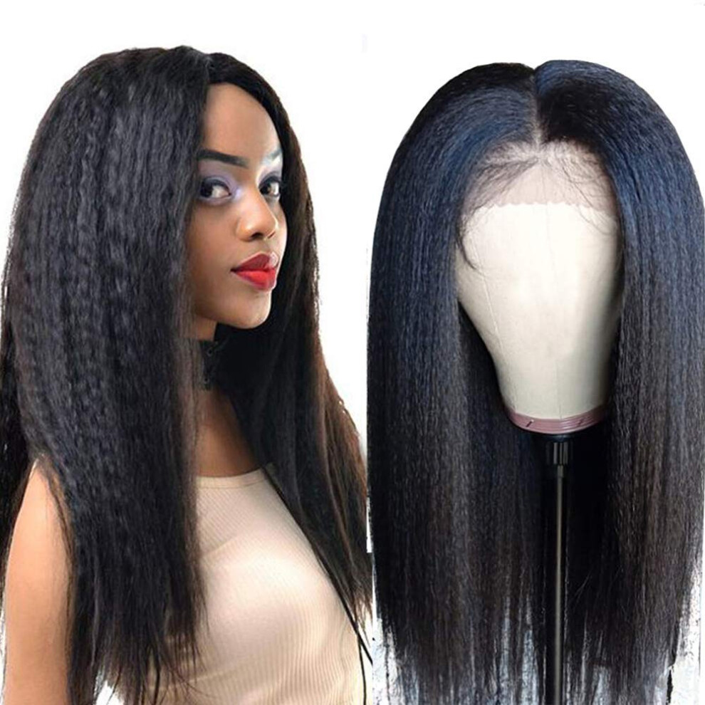Unisex Human Hair Lace Front Wig 16 Inch Italian Yaki Straight Pre Plucked Hairline 150% Density