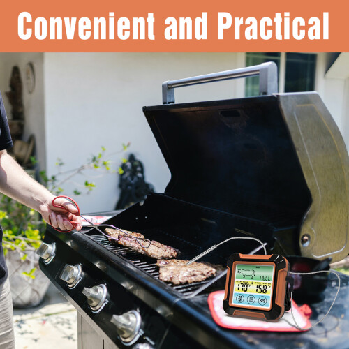 Digital Meat Thermometer with Long Probe, LCD, Backlight, Timer, Orange/Black 1