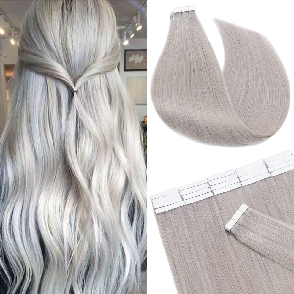 Tape in Human Hair Extensions 24 Inch Grey Remy Seamless Skin Weft for Natural Blend and Styling