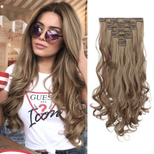 Clip in Hair Extensions 20 Inch Brown Highlighted Blonde Wavy Synthetic 7 Piece Full Head Hair