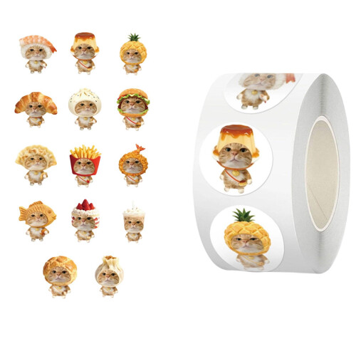 500Pcs Kitten Food Theme Sticker Removable Adhesive Wrapping