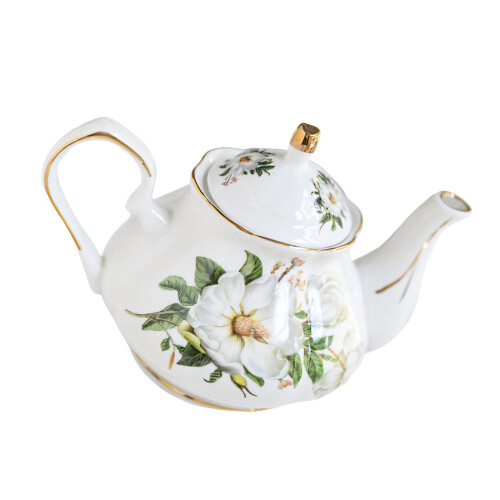 Ceramic Teapot With Floral Embossing And-white peony root 500ml