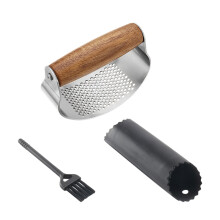 Küchengerät, Edelstahl, Knoblauchzerkleinerer, Holzgriff,-Bild 1