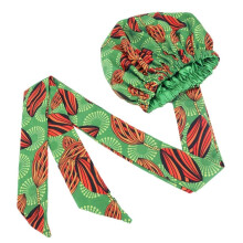 Satin Lined Bonnet with Adjustable Ribbon, Reversible Ankara Print Silk Hair Wrap for Curly Hair Sleeping (Green)