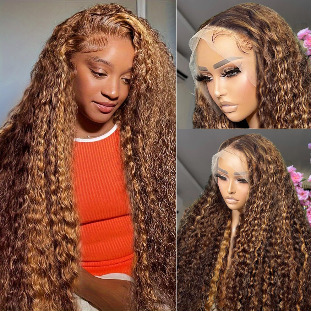 Unisex Light/Brown Ombre Lace Front Wig Human Hair 13X4 Deep Wave Honey Blonde High Glueless Pre Plucked Natural Hairline