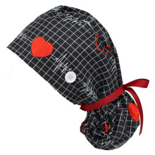 Ponytail Scrub Cap with Buttons and Adjustable Ribbon Ties for Long Hair Women Men Black
