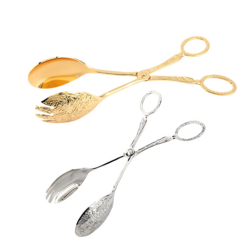 Metal Engraving Salad Tongs Serving Fork Spoon For-Silver 1
