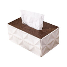 Geometric Pattern Tissue Box With Wooden Lid For Modern-White