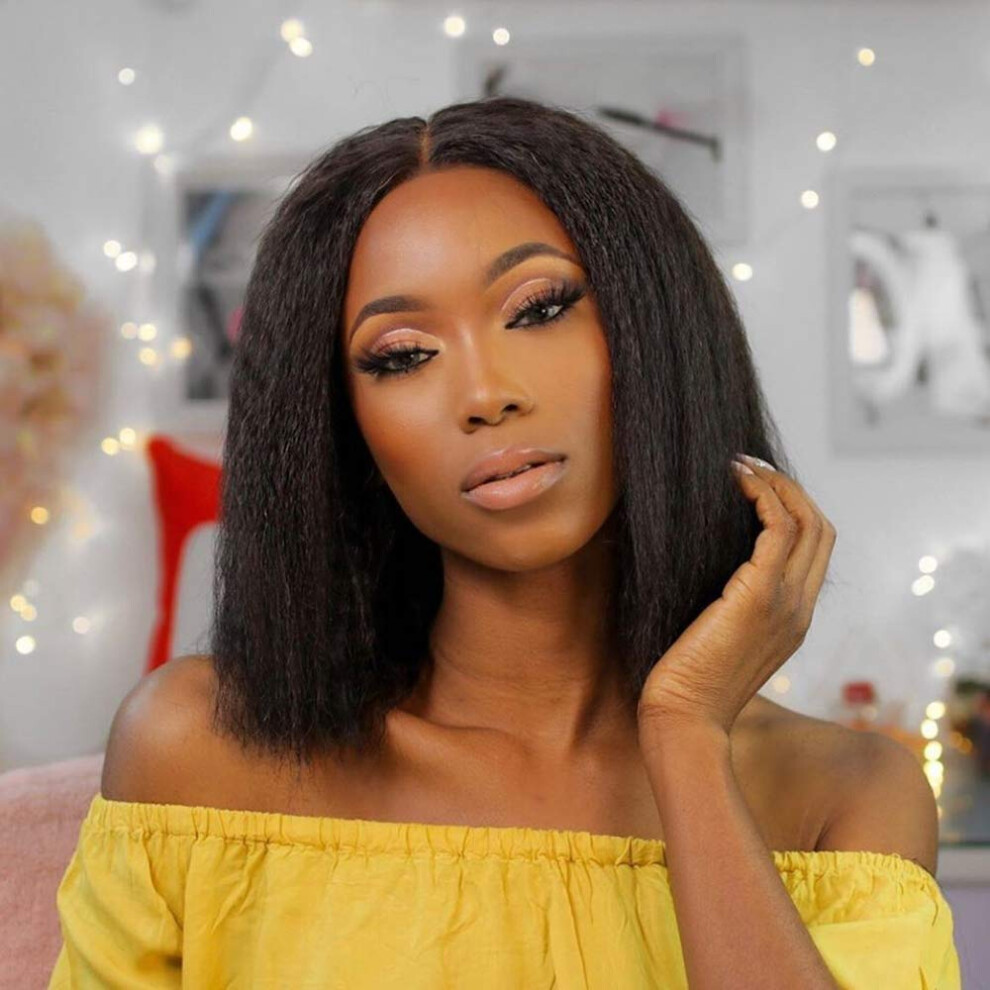 Unisex Short Kinky Straight Human Hair Lace Front Wig 13X4 Fake Scalp Pre Plucked Bleached Knots 10'