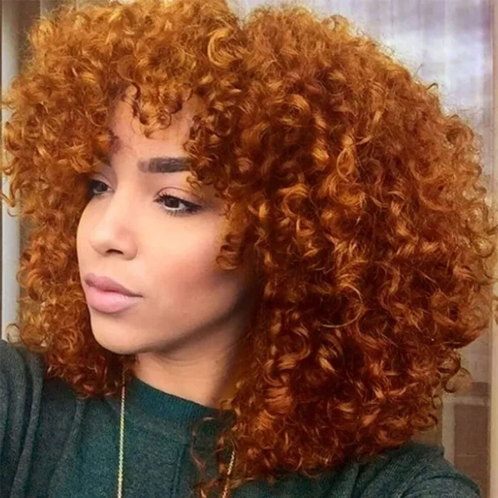 Unisex Orange Ginger Curly Bob Human Hair Wig With Bangs, 10Inch Afro Kinky Brazilian Virgin Hair