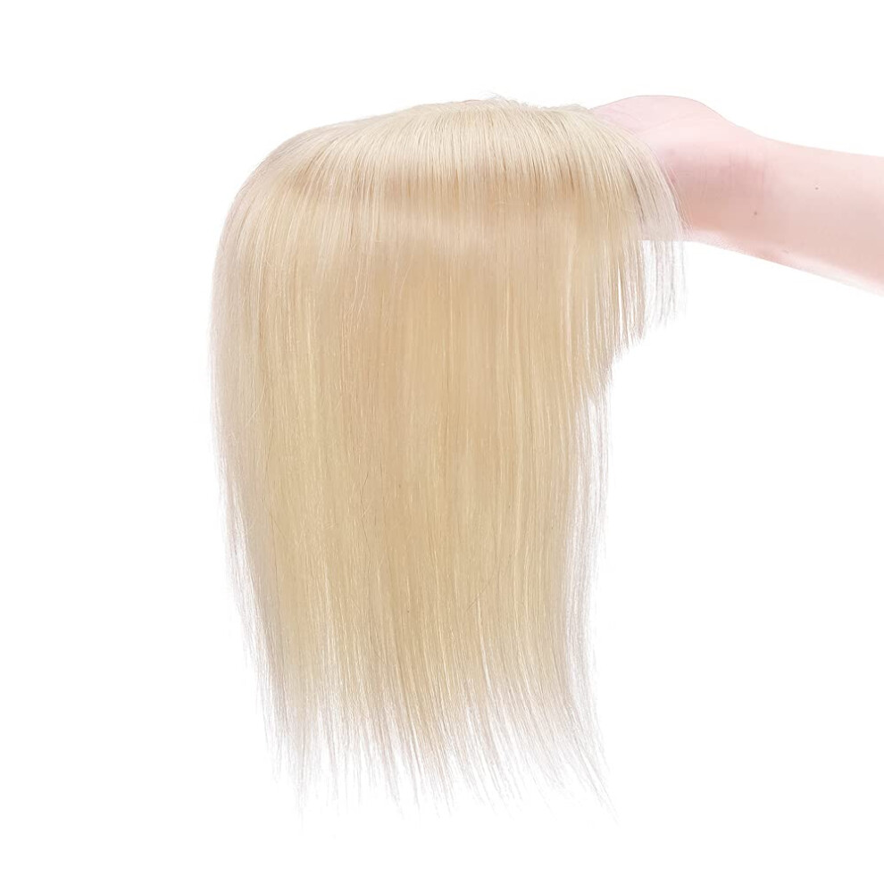 Unisex Human Hair Topper Silk Base With Bangs 130% Density Clip In For Thinning Hair Women 14 Inch Blonde