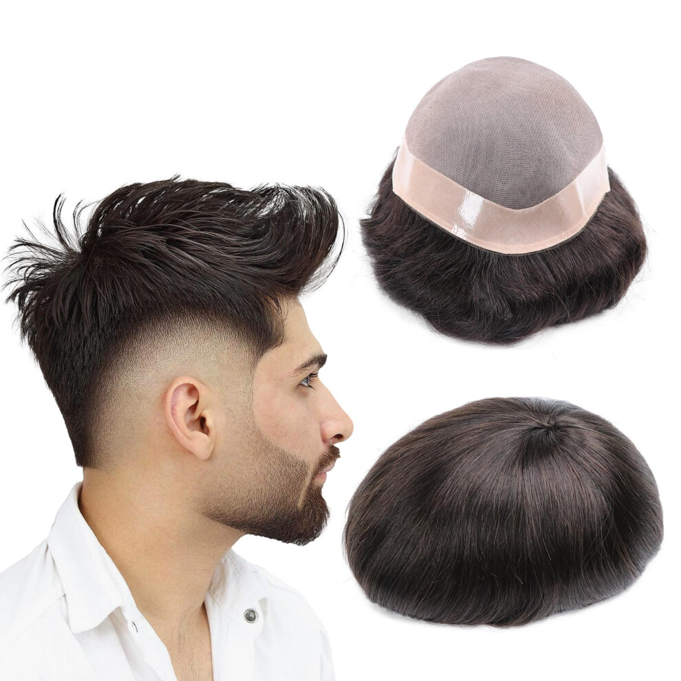 Unisex Black Mens Toupee 7X10 Inch Mono Lace Remy Human Hair Hairpiece 1B Off With Natural Hairline