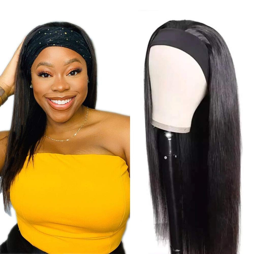 Unisex Black Headband Wig Brazilian Virgin Human Hair Glueless Straight For Women Natural 18 Inch
