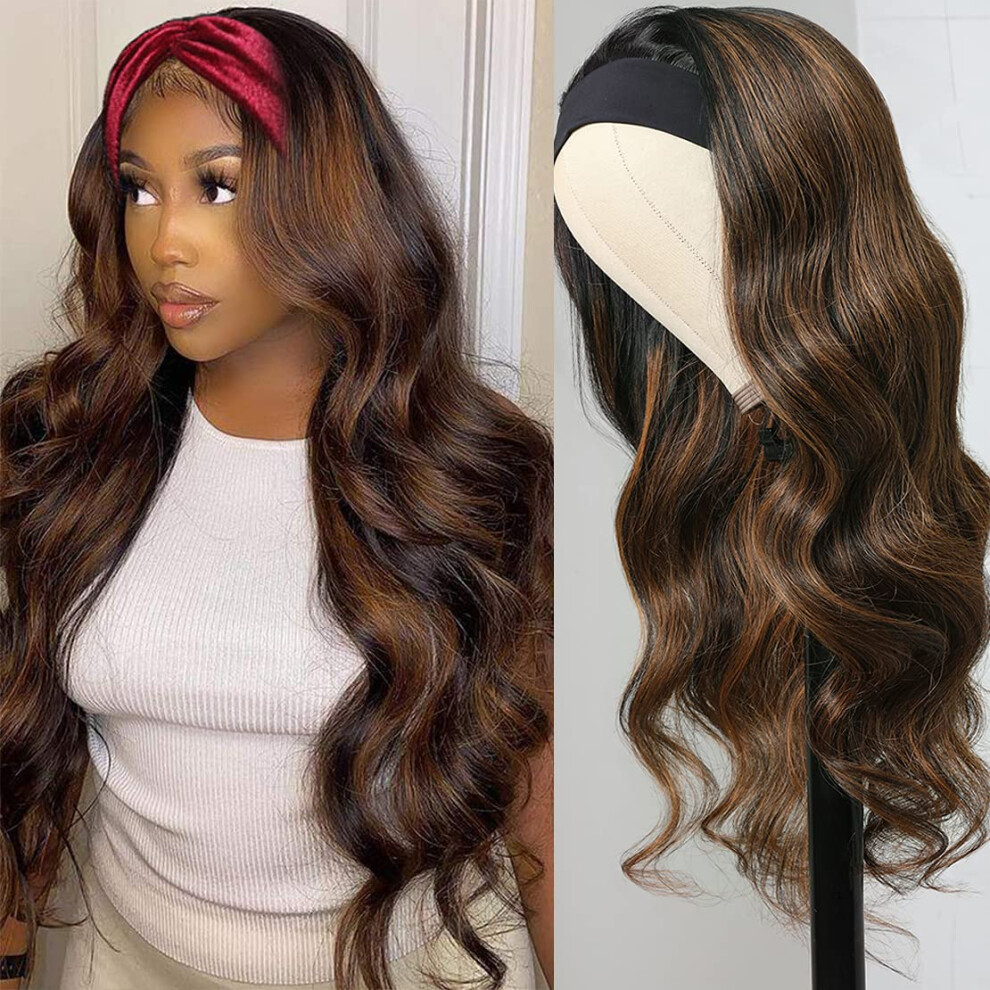 Unisex Brown Human Hair Headband Wig Honey Ombre Body Wave Brazilian Virgin Hair Glueless 24 Inch