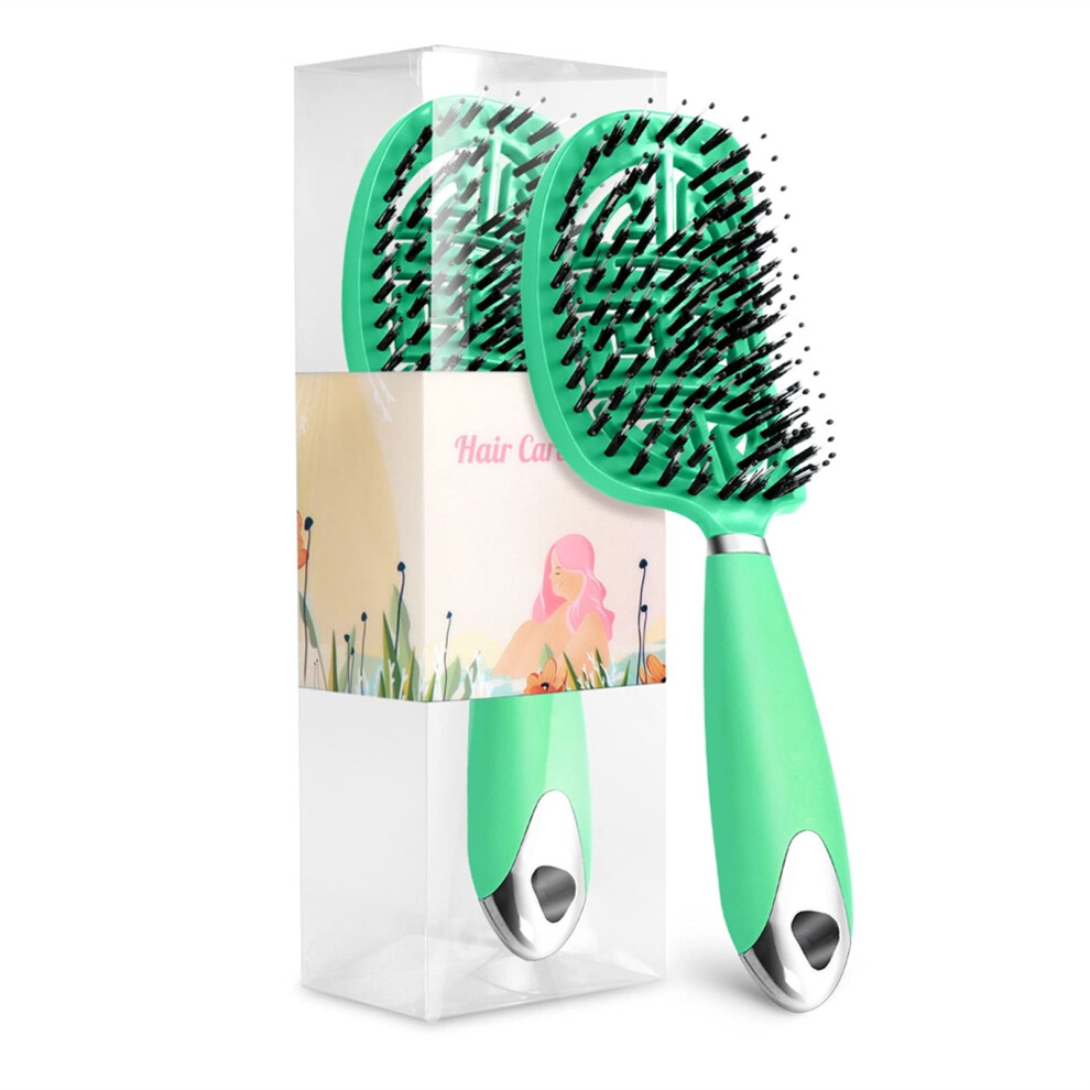 Green Hair Brush Detangling Brush Curved Vented Design For Wet Or Dry Hair Smooth Blow Drying