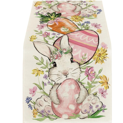 Spring Themed Linen Table Runner with Bunnies Eggs-33x183cm 2