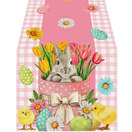 Farmhouse Linen Runner Easter Eggs Bunnies Pattern-33x183cm 1