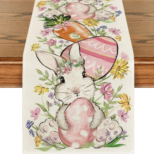 Linen Table Scarf Easter Rabbit Eggs Pattern-33x275cm 3 2