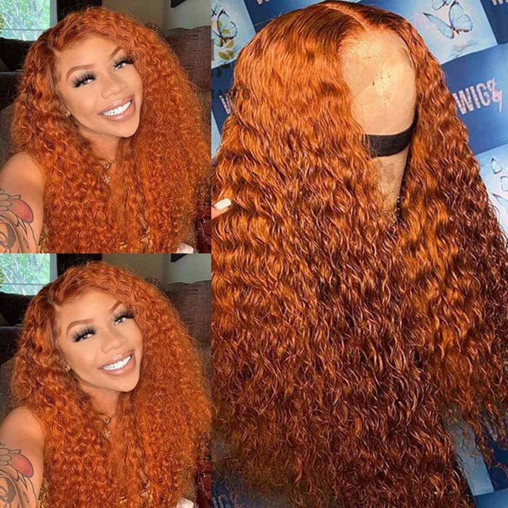 Unisex Orange Ginger Lace Front Wig 16 Inch Pre Plucked Brazilian Human Hair Glueless Curly Style
