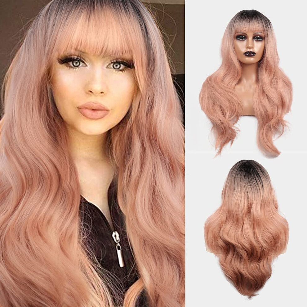 Pink Wig with Bangs Long Wavy Ombre Pink 26 Inch Heat Resistant Synthetic Wig for Women