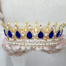 Blue Crystal Bridal Tiara Baroque Gold Wedding Crown Sparkling Rhinestone Queen Headpiece