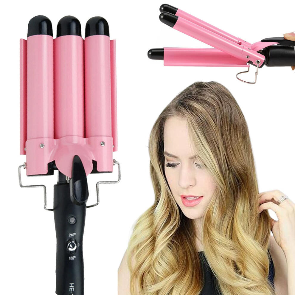 Pink 25Mm Triple Barrel Curling Iron Hair Waver For Long Hair, Tourmaline Ceramic, Dual Voltage