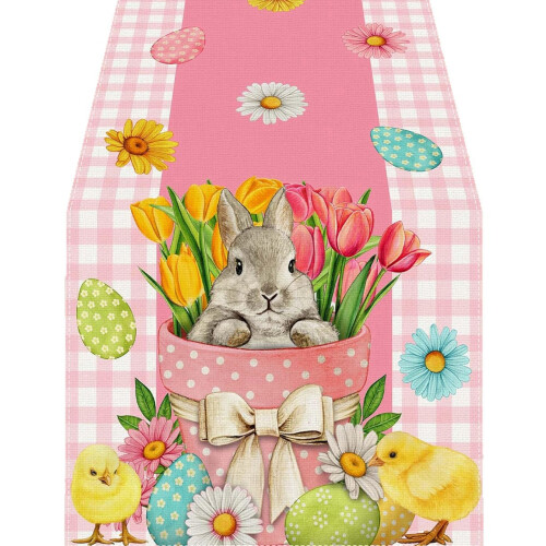 Spring Themed Linen Table Runner with Bunnies Eggs-33x275cm 1
