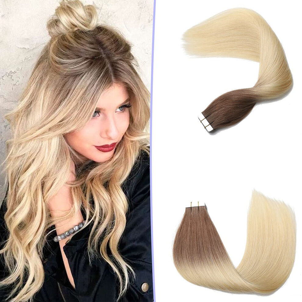 Unisex Tape In Human Hair Extensions 20 Inch Balayage Color 6/613 Remy Straight 20Pcs 50G
