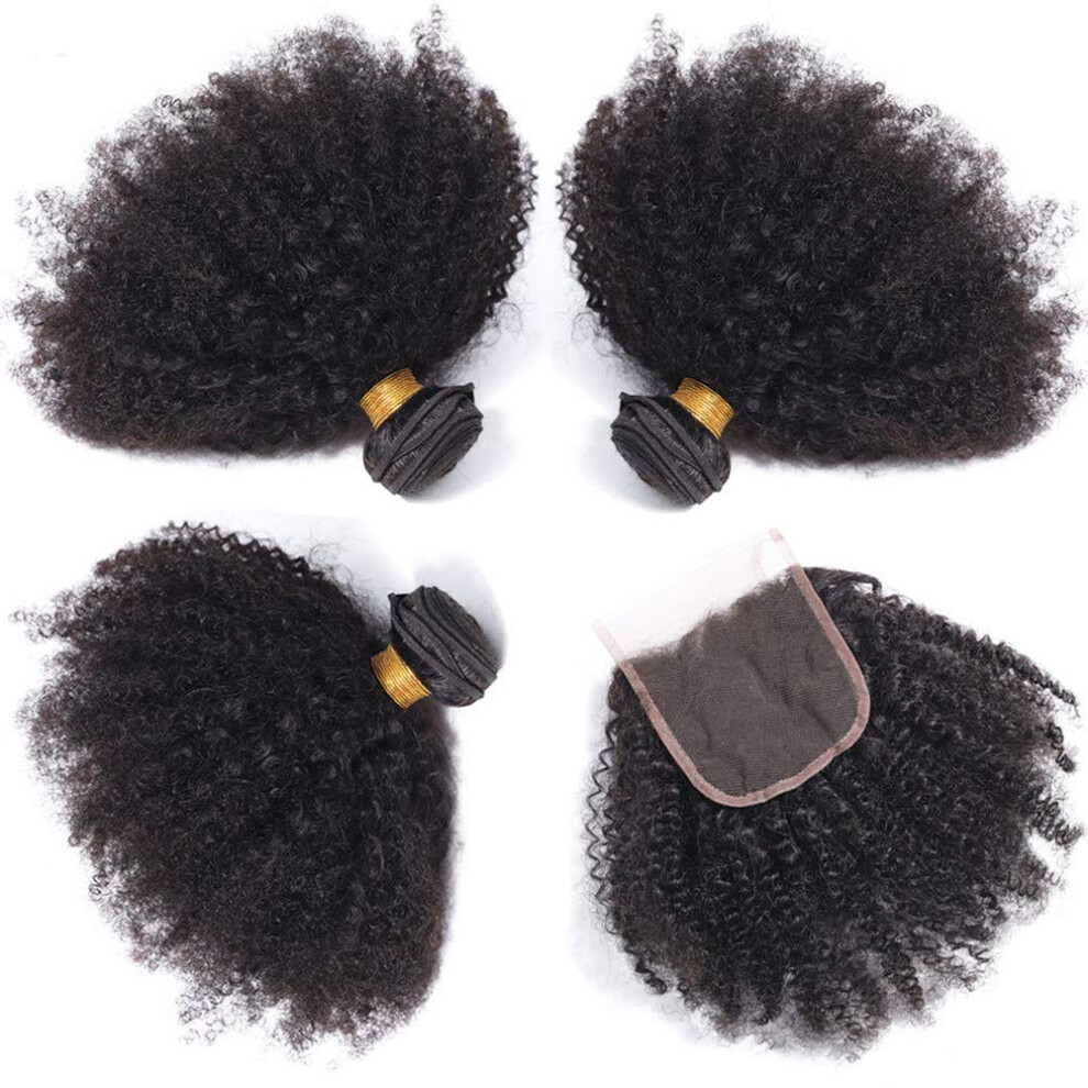 Unisex Black Brazilian Virgin Human Hair 3 Bundles With 4X4 Lace Closure Afro Kinky Curly Natural 10 12 14+10