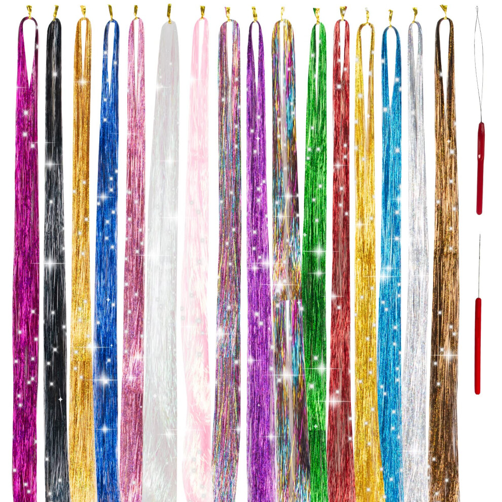 Hair Tinsel Extensions Kit 47 Inch 16 Colors Heat Resistant Glitter Strands with 2 Crochet Hooks for Party