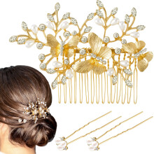 Bridal Hair Accessories Gold Butterfly Wedding Hair Comb with Pearl and Crystal Pins Vintage Set