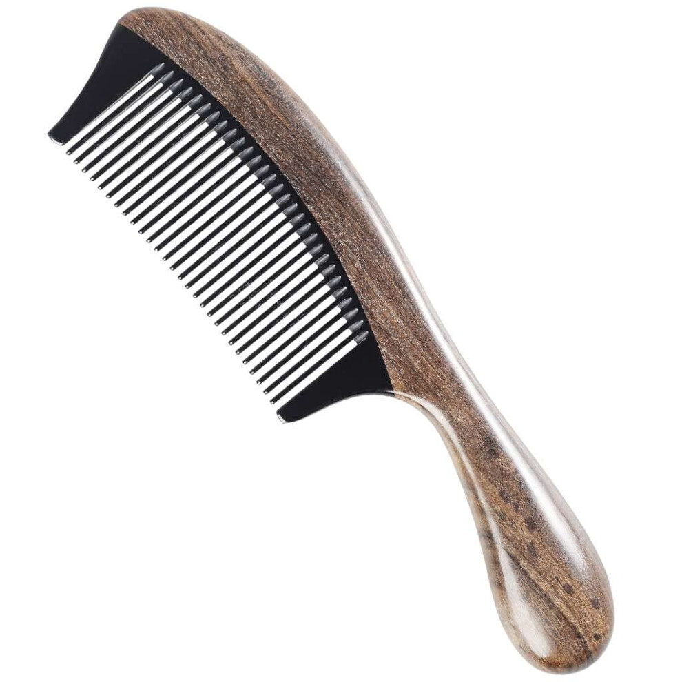 Unisex Black Wooden Hair Comb With Buffalo Horn, Antistatic Fine Teeth, Smooth Detangling, Round Handle
