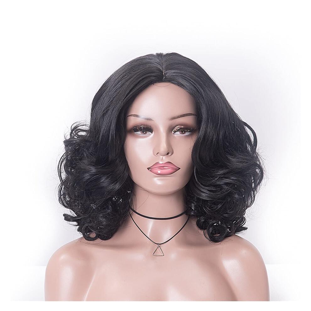 Unisex Black Wavy Wig Medium Length For Women With Natural Hairline Soft Texture Middle Part Cosplay