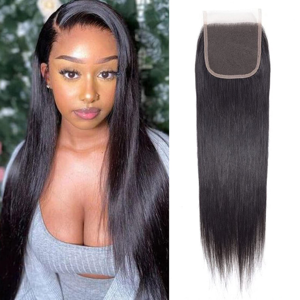 Straight Lace Closure 4x4 Swiss Lace with Baby Hair Brazilian Virgin Human Hair 10 Inch Natural Black 130% Density