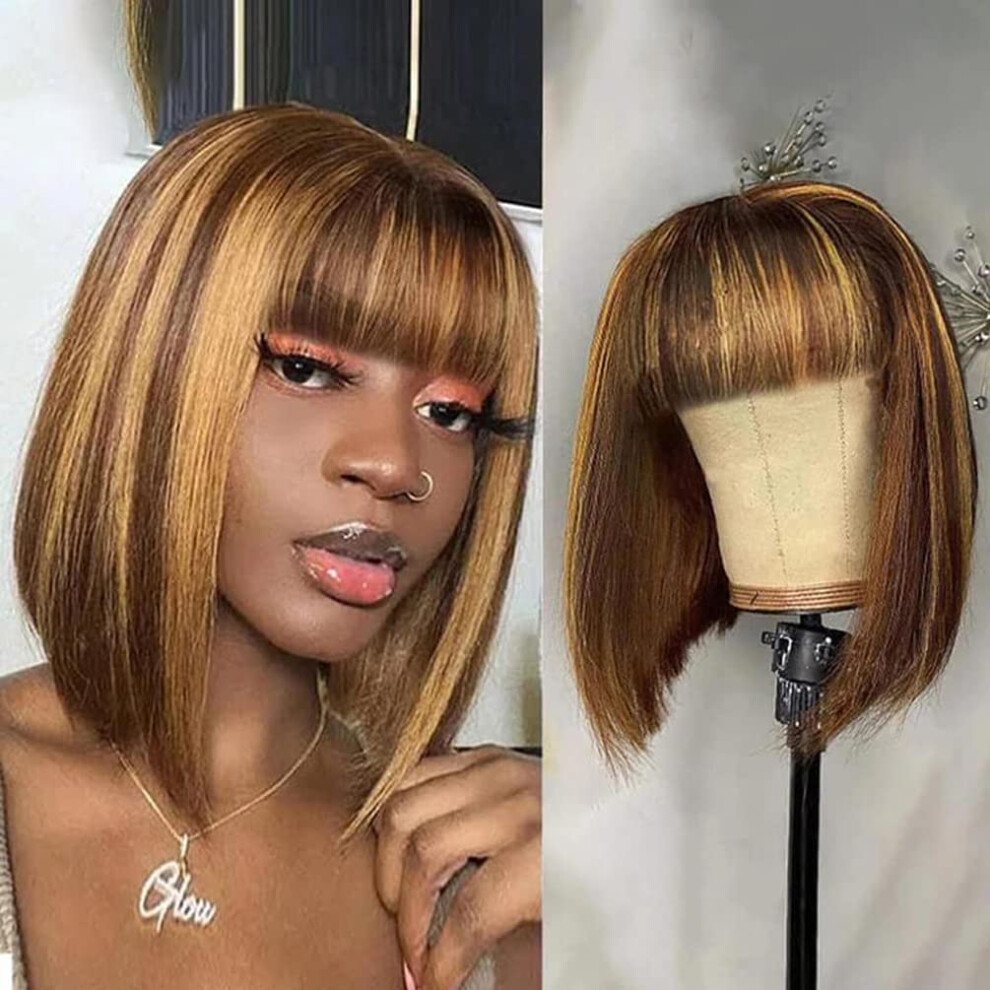Straight Highlight Human Hair Wig with Bangs Glueless Brazilian Virgin Hair Full Cap for Black Women