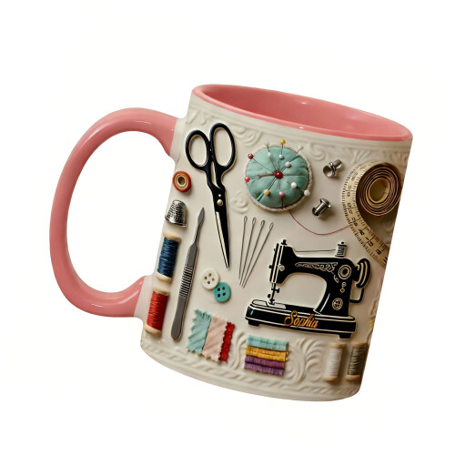 Artistic Sewing Inspired Ceramic Cup Ideal For Hot Drink-Pink