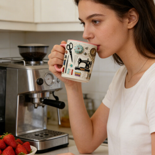 Artistic Sewing Inspired Ceramic Cup Microwave Safe And-Red 2