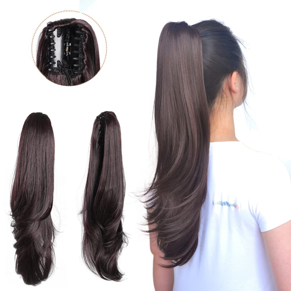 Unisex Brown Clip In Ponytail Hairpiece 22 Inch Wavy Curly Dark Chestnut Synthetic Extensions For Women