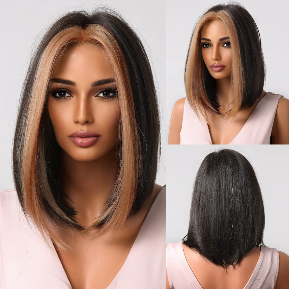 Synthetic Bob Wig for Women with Ginger Highlights, Short Straight, Natural Middle Part Hair