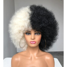 Black and White Afro Wig with Voluminous Kinky Curls, 70s Style Fluffy Short Hair for Black Women
