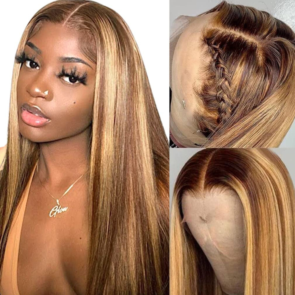 Unisex Human Hair Lace Front Wig Honey Blonde Ombre 13X4 Hd Transparent Pre Plucked Highlight Straight 16Inch