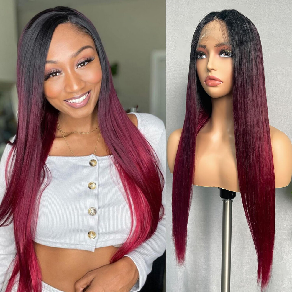 Ombre Wine Red 29 Inch Long Straight Synthetic Lace Front Wig with Natural Hairline and Heat Resistant Fiber