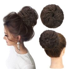 Human Hair Bun Messy Curly Hair Piece with Elastic Band Dark Brown Tousled Updo for Women