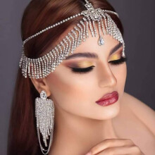Bridal Headpiece Silver Rhinestone Head Chain with Tassel Crystal Forehead Jewelry for Wedding